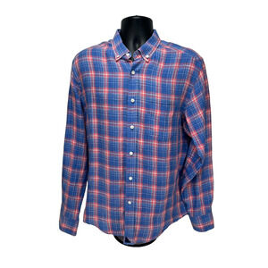 UNTUCKit Men's Button Down Shirt Large Blue Pink Plaid Slim Pocket 100% Linen